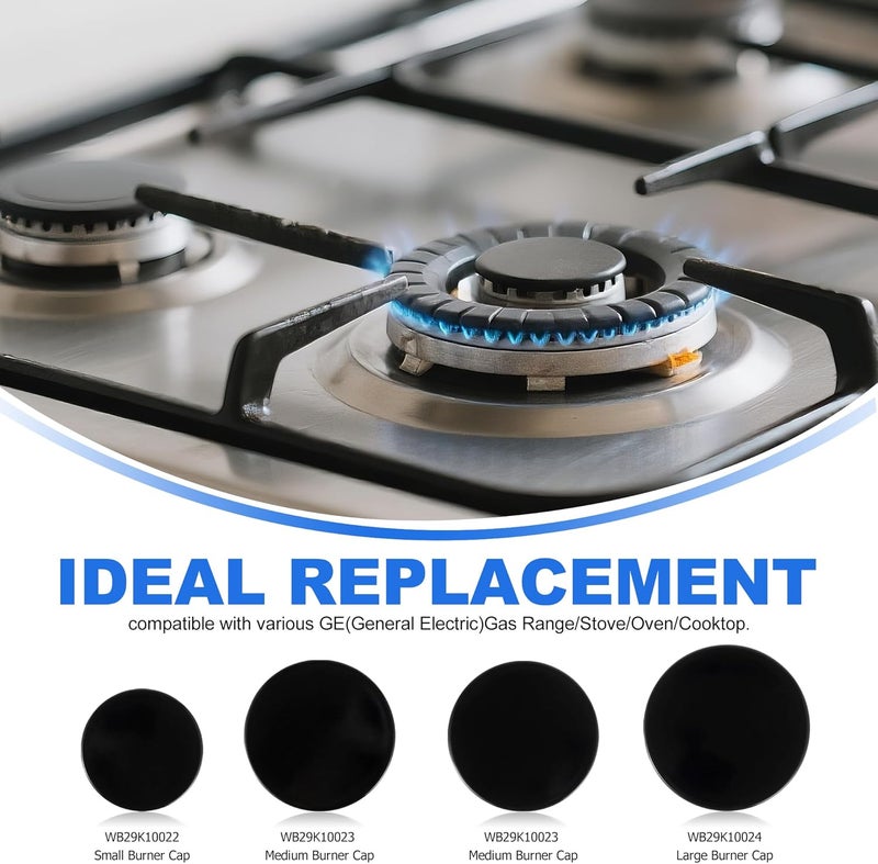 senkap Upgraded Surface Burner Caps Set Replacement for GE Gas Range/Stove/Oven,wb29k10009-1 Small Cap-2.6 inches wb29k10001-2 Medium Caps-3.2 inches wb29k10006-1 Large Cap-3.5 inches,Shiny Black(4PCS) - Image 2